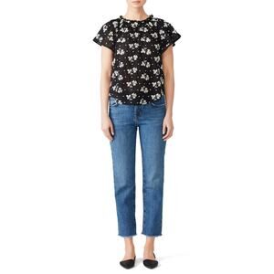 Rebecca Taylor La Vie Helene Black Floral Embroidered Short Sleeve Top M